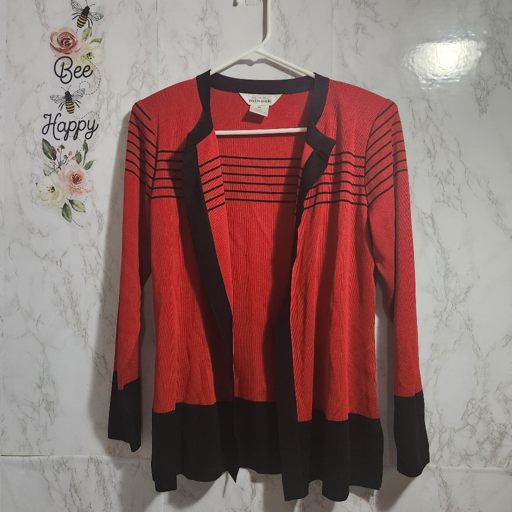 Misook Red and Black Striped Open Front Cardigan XS